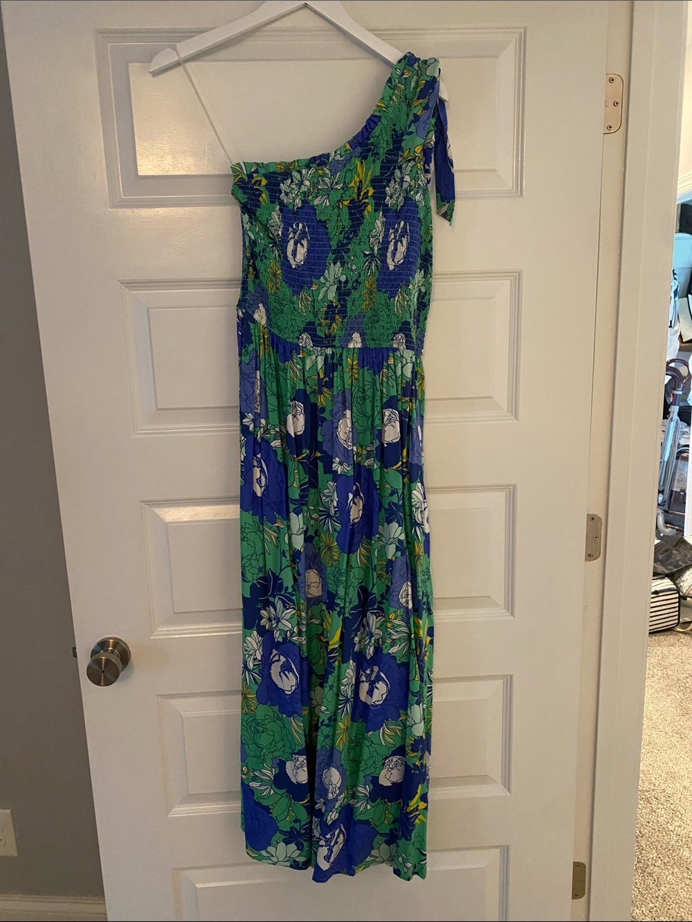 Japna Blue and Green One-Shoulder Floral Maxi Dress